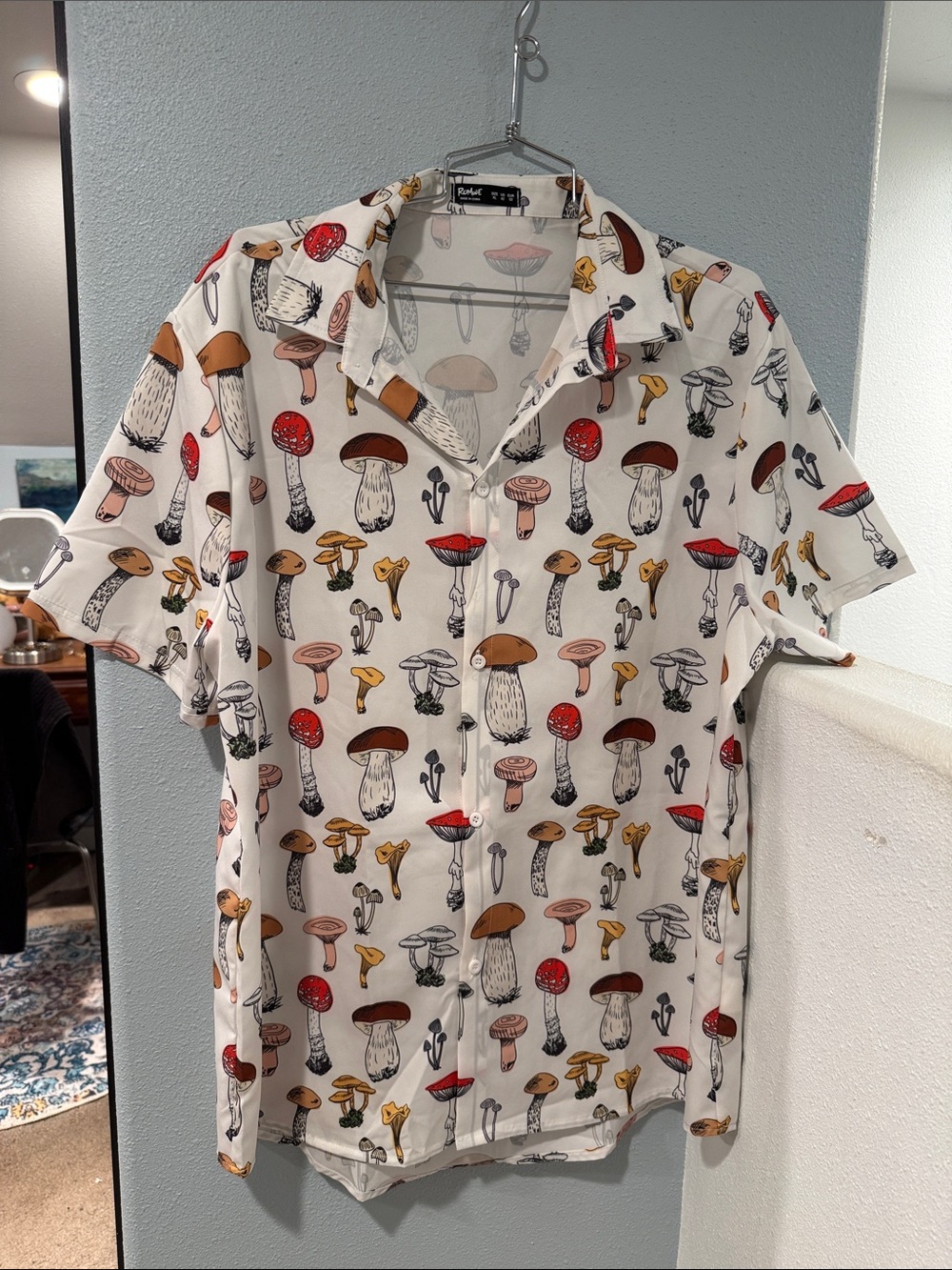 ROMWE White Mushroom Print Short Sleeve Button-Down Shirt